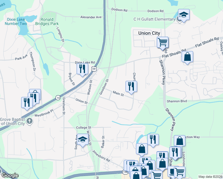 map of restaurants, bars, coffee shops, grocery stores, and more near 4981 Main Street in Union City