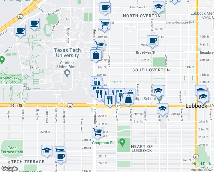 map of restaurants, bars, coffee shops, grocery stores, and more near 2319 16th Street in Lubbock