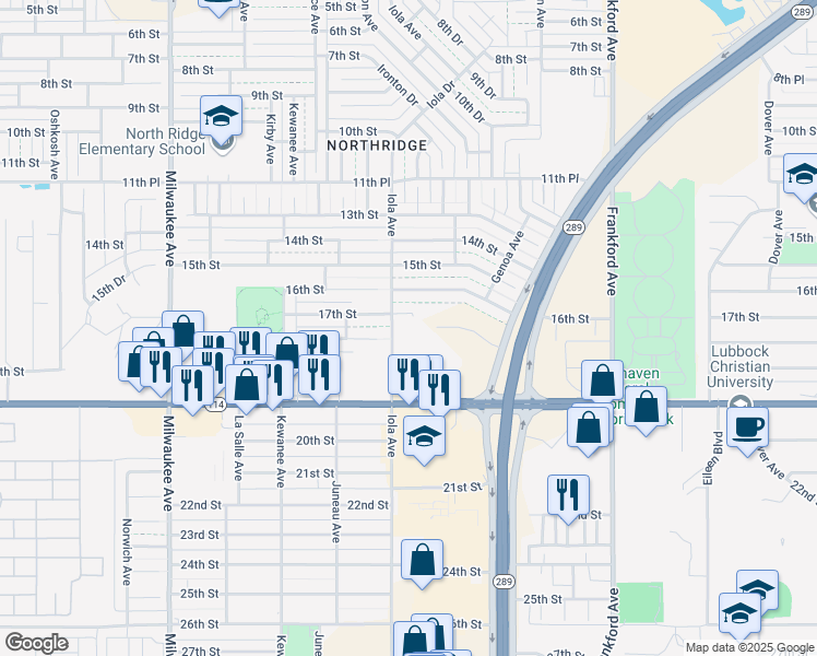 map of restaurants, bars, coffee shops, grocery stores, and more near 1607 Iola Avenue in Lubbock