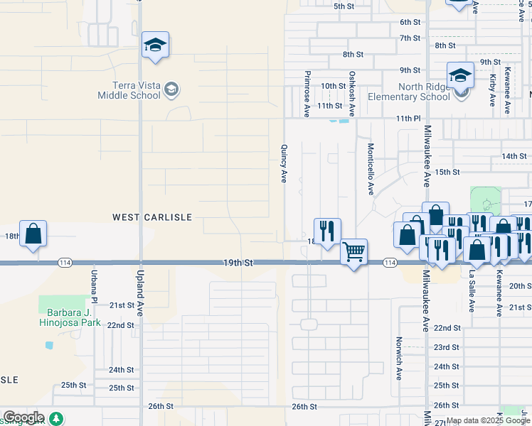 map of restaurants, bars, coffee shops, grocery stores, and more near Quincy Avenue in Lubbock