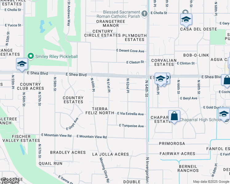 map of restaurants, bars, coffee shops, grocery stores, and more near 6145 East Cochise Road in Paradise Valley
