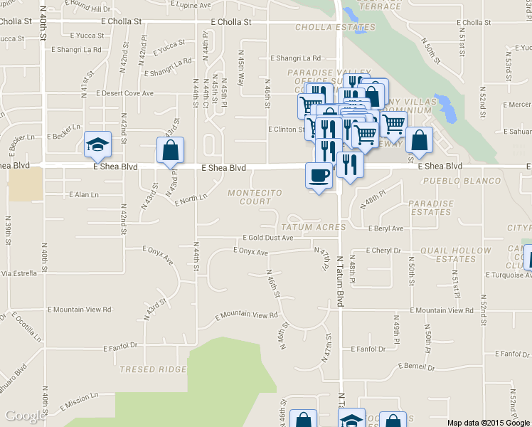 map of restaurants, bars, coffee shops, grocery stores, and more near 4550 East Cochise Road in Phoenix