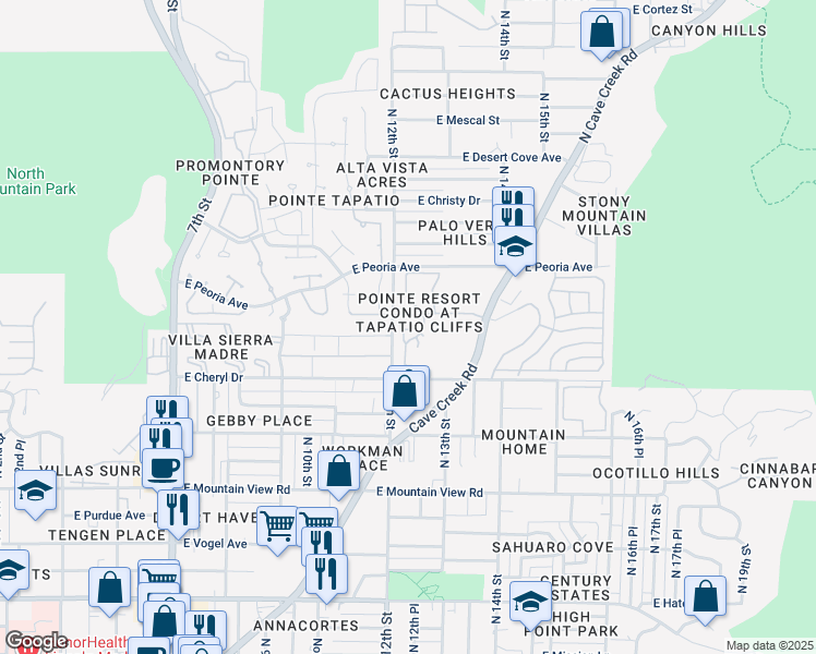 map of restaurants, bars, coffee shops, grocery stores, and more near 10255 North 12th Place in Phoenix