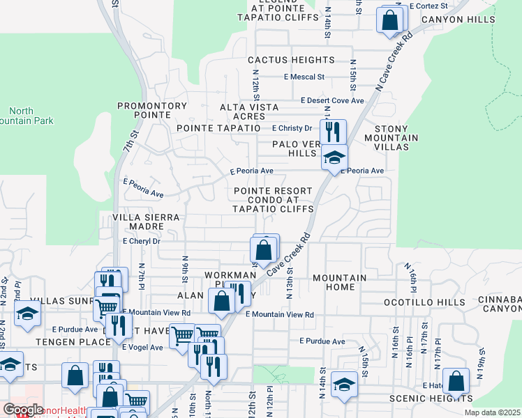 map of restaurants, bars, coffee shops, grocery stores, and more near 10255 North 12th Place in Phoenix