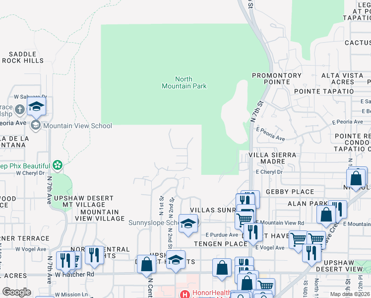 map of restaurants, bars, coffee shops, grocery stores, and more near 2 West North Lane in Phoenix