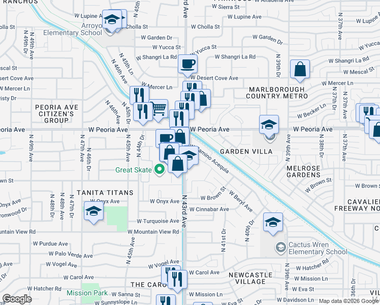map of restaurants, bars, coffee shops, grocery stores, and more near 4251 West Camino Acequia in Phoenix