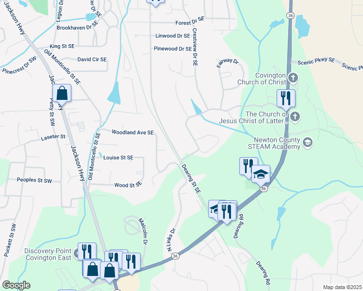 map of restaurants, bars, coffee shops, grocery stores, and more near 9117 Dearing Street Southeast in Covington