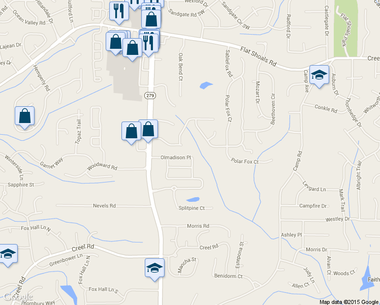 map of restaurants, bars, coffee shops, grocery stores, and more near 6392 Olmadison Place in Atlanta