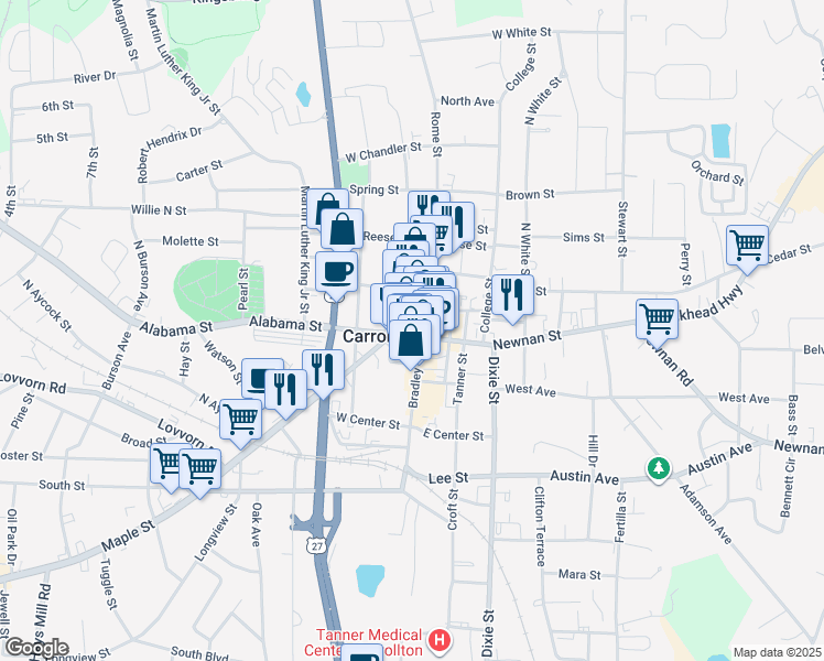 map of restaurants, bars, coffee shops, grocery stores, and more near 402 Adamson Square in Carrollton