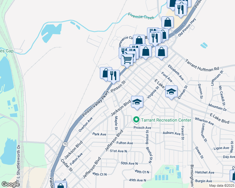 map of restaurants, bars, coffee shops, grocery stores, and more near 1220 Finley Street in Birmingham