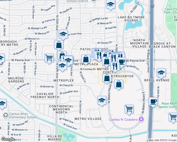 map of restaurants, bars, coffee shops, grocery stores, and more near 3131 West Cochise Drive in Phoenix