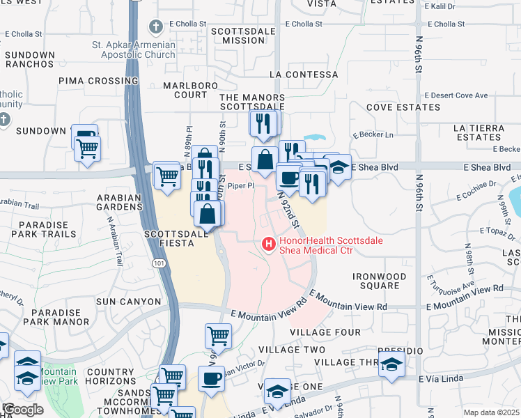 map of restaurants, bars, coffee shops, grocery stores, and more near Piper Place in Scottsdale