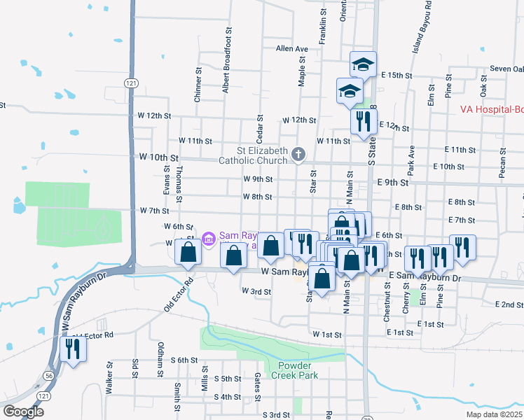 map of restaurants, bars, coffee shops, grocery stores, and more near 702 Cedar St in Bonham