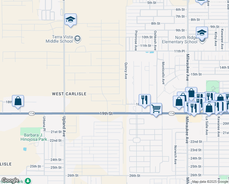 map of restaurants, bars, coffee shops, grocery stores, and more near Quincy Avenue in Lubbock