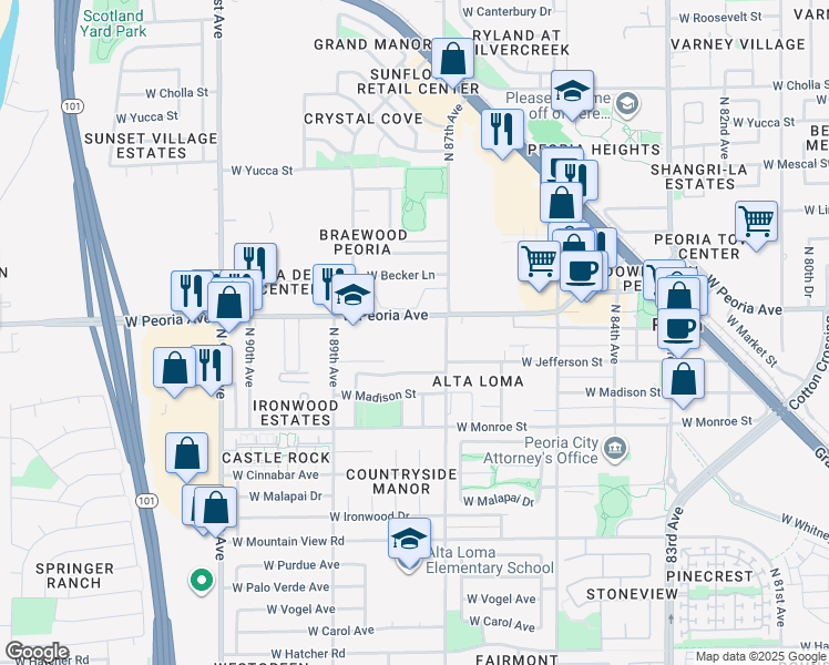 map of restaurants, bars, coffee shops, grocery stores, and more near 8757 West Peoria Avenue in Peoria