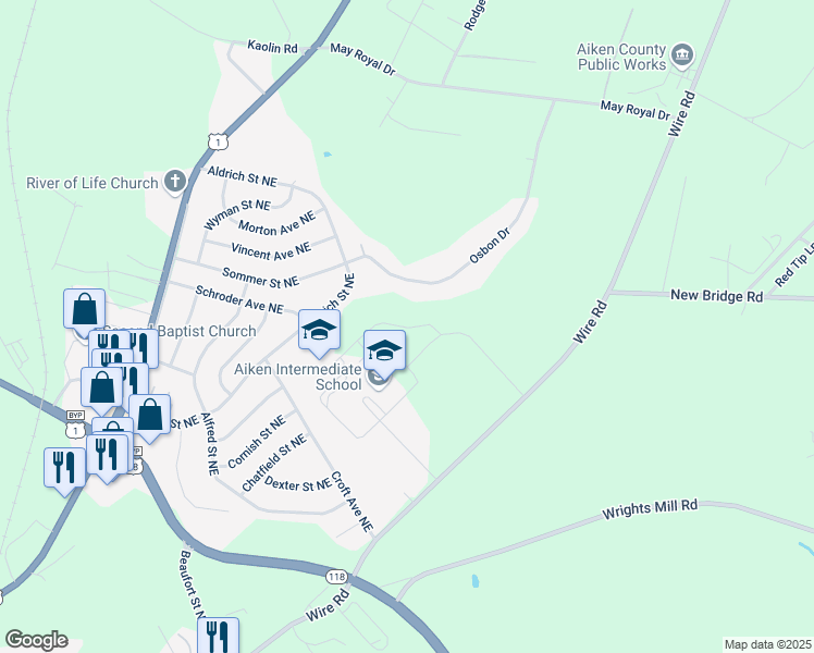 map of restaurants, bars, coffee shops, grocery stores, and more near Bears Rock Road in Aiken