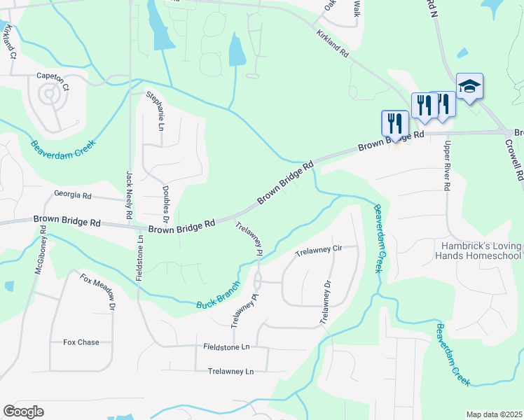 map of restaurants, bars, coffee shops, grocery stores, and more near 11741 Brown Bridge Road in Covington