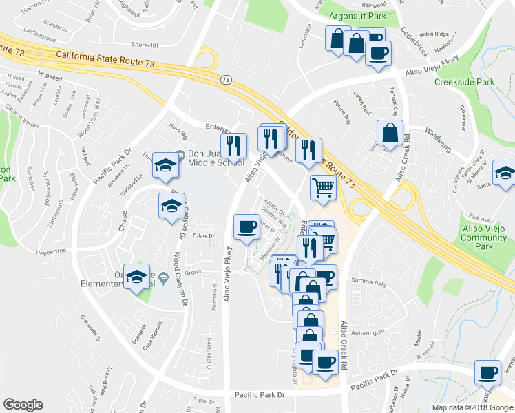 map of restaurants, bars, coffee shops, grocery stores, and more near 71 Vantis Drive in Aliso Viejo