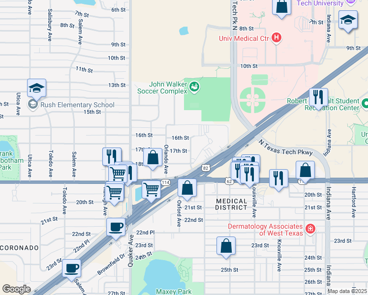 map of restaurants, bars, coffee shops, grocery stores, and more near 4110 17th Street in Lubbock