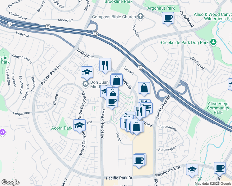 map of restaurants, bars, coffee shops, grocery stores, and more near 71 Vantis Drive in Aliso Viejo