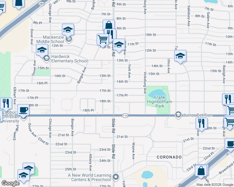 map of restaurants, bars, coffee shops, grocery stores, and more near 4934 17th Place in Lubbock