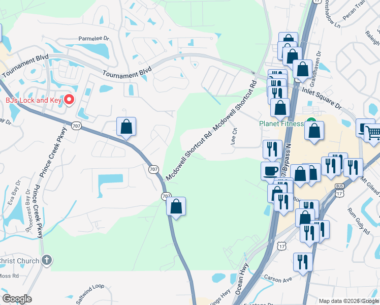map of restaurants, bars, coffee shops, grocery stores, and more near 11251 Mcdowell Shortcut Road in Murrells Inlet