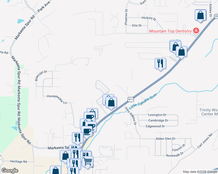 map of restaurants, bars, coffee shops, grocery stores, and more near 2030 Plantation Parkway in Moody