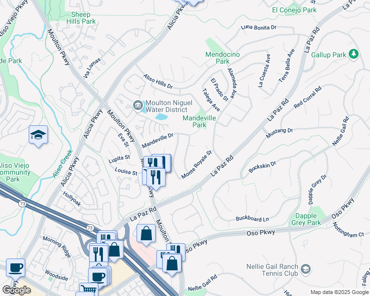 map of restaurants, bars, coffee shops, grocery stores, and more near 24702 Las Alturas Court in Laguna Hills