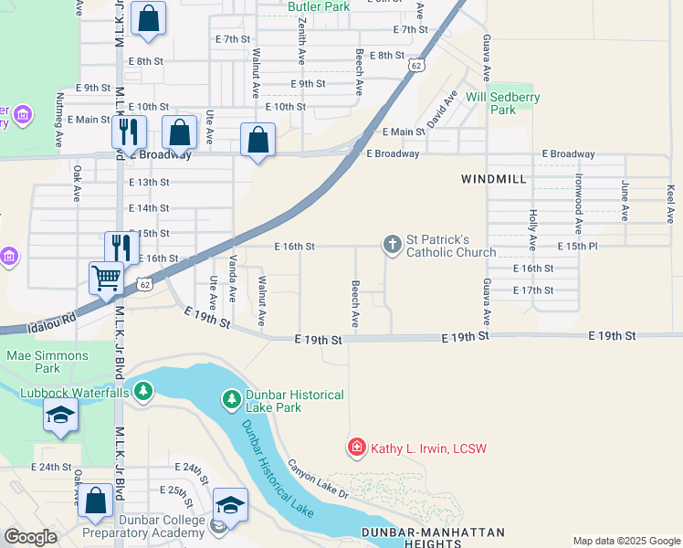 map of restaurants, bars, coffee shops, grocery stores, and more near 1614 Beech Ave in Lubbock