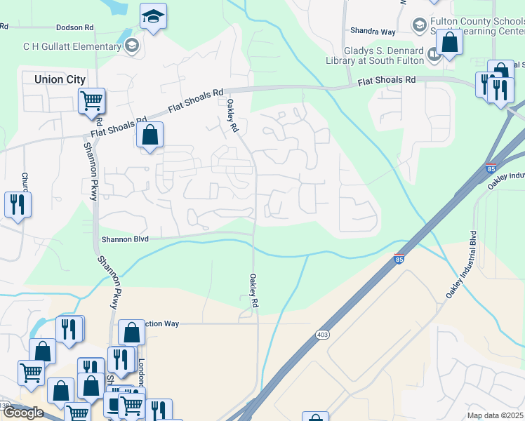 map of restaurants, bars, coffee shops, grocery stores, and more near 6350 Oakley Road in Union City