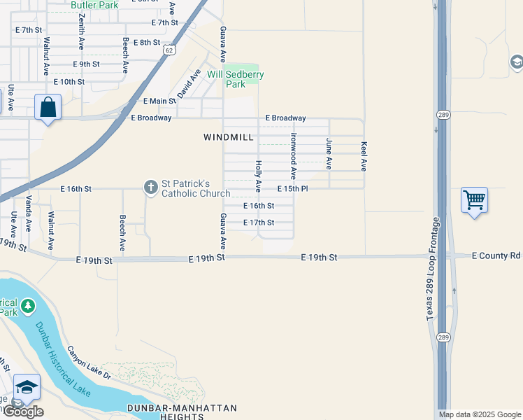 map of restaurants, bars, coffee shops, grocery stores, and more near 3320 East 16th Street in Lubbock