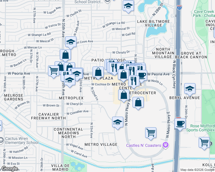 map of restaurants, bars, coffee shops, grocery stores, and more near 3131 West Cochise Drive in Phoenix