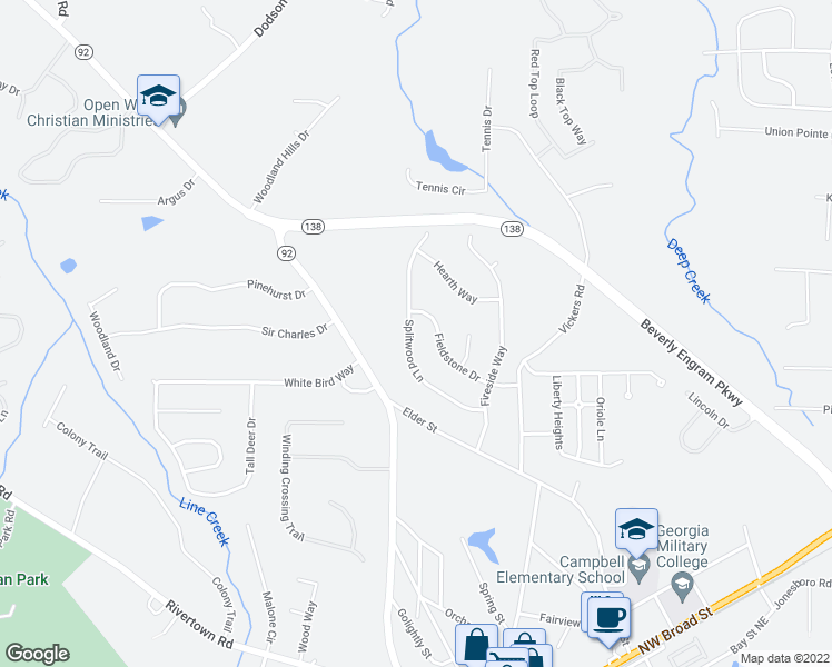 map of restaurants, bars, coffee shops, grocery stores, and more near 220 Splitwood Lane in Fairburn