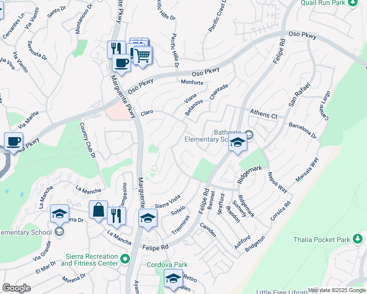 map of restaurants, bars, coffee shops, grocery stores, and more near 27325 Celanova in Mission Viejo