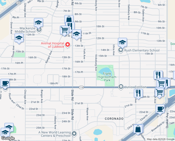 map of restaurants, bars, coffee shops, grocery stores, and more near 4908 17th Place in Lubbock