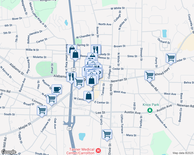 map of restaurants, bars, coffee shops, grocery stores, and more near 126 State Route 166 Bus in Carrollton