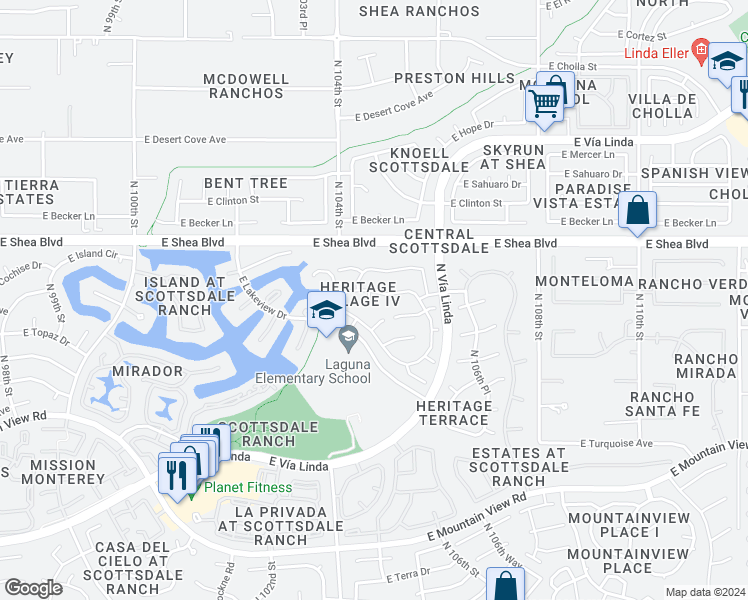 map of restaurants, bars, coffee shops, grocery stores, and more near 10335 North 104th Way in Scottsdale