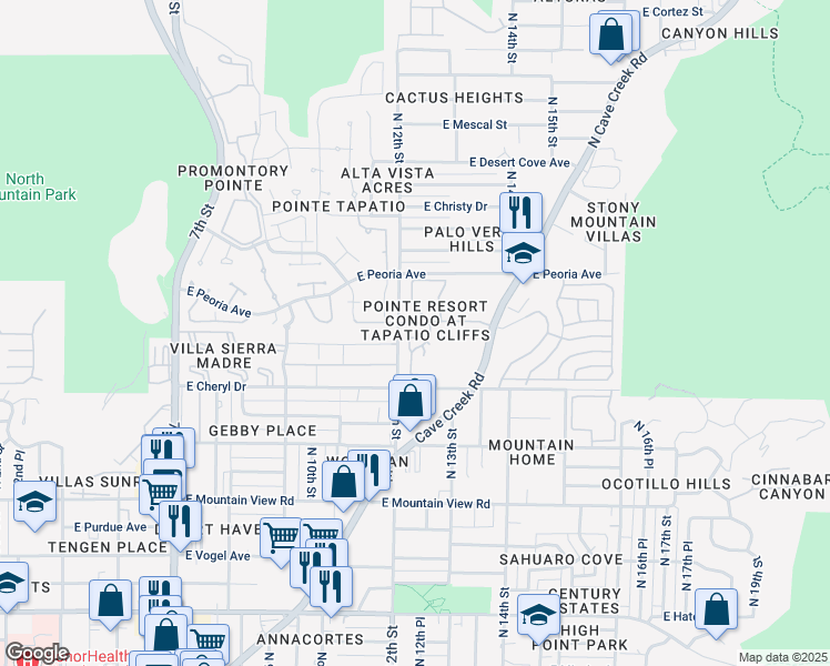 map of restaurants, bars, coffee shops, grocery stores, and more near 10255 North 12th Place in Phoenix