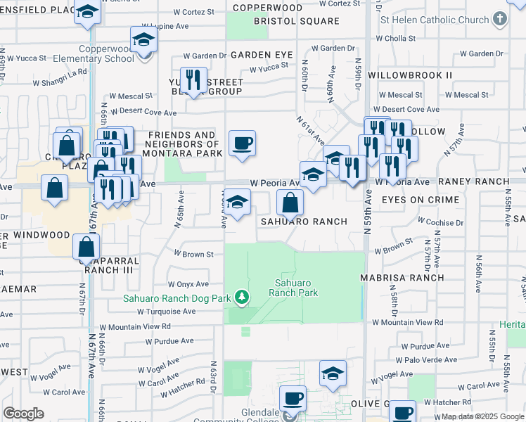 map of restaurants, bars, coffee shops, grocery stores, and more near 6214 West Comet Avenue in Glendale