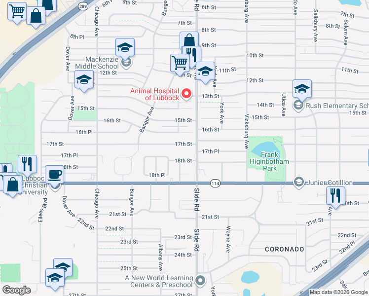 map of restaurants, bars, coffee shops, grocery stores, and more near 5207 17th Street in Lubbock