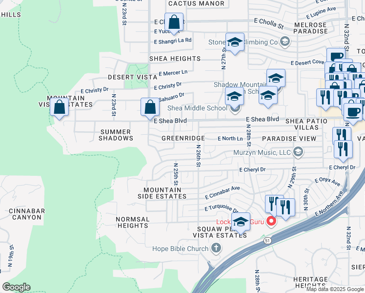 map of restaurants, bars, coffee shops, grocery stores, and more near 2516 East Cochise Road in Phoenix