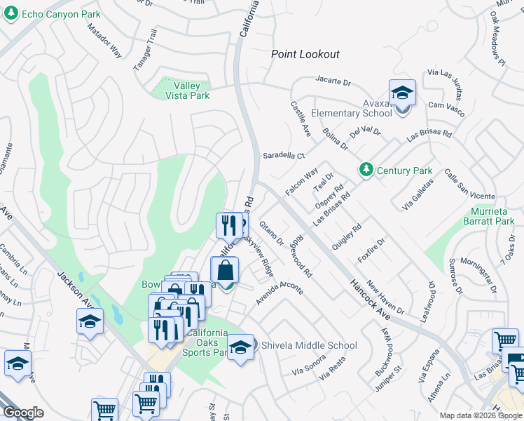 map of restaurants, bars, coffee shops, grocery stores, and more near 40075 Festival Road in Murrieta