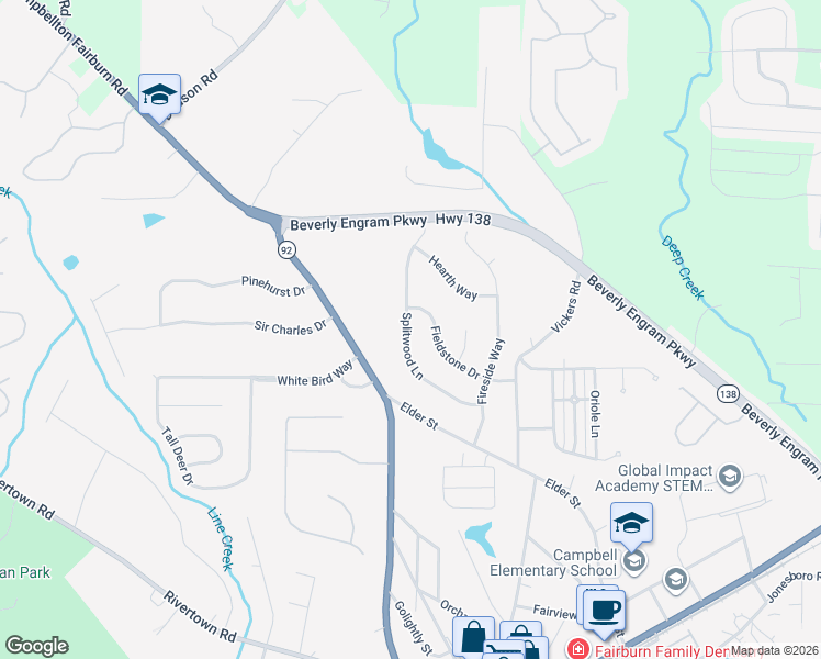 map of restaurants, bars, coffee shops, grocery stores, and more near 220 Splitwood Lane in Fairburn