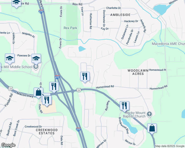 map of restaurants, bars, coffee shops, grocery stores, and more near 6379 Crooked Creek Drive in Rex