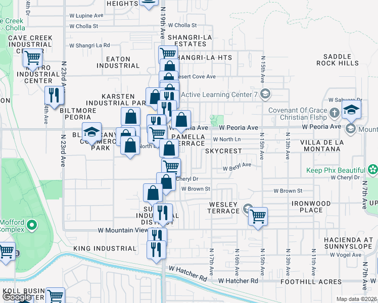 map of restaurants, bars, coffee shops, grocery stores, and more near 10252 North 18th Avenue in Phoenix