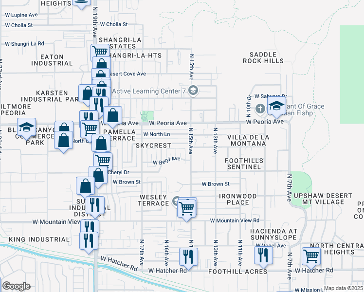 map of restaurants, bars, coffee shops, grocery stores, and more near 1517 West Cochise Drive in Phoenix