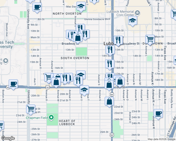 map of restaurants, bars, coffee shops, grocery stores, and more near 1915 16th Street in Lubbock