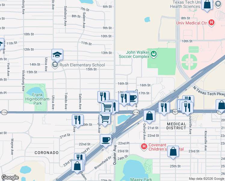 map of restaurants, bars, coffee shops, grocery stores, and more near in Lubbock