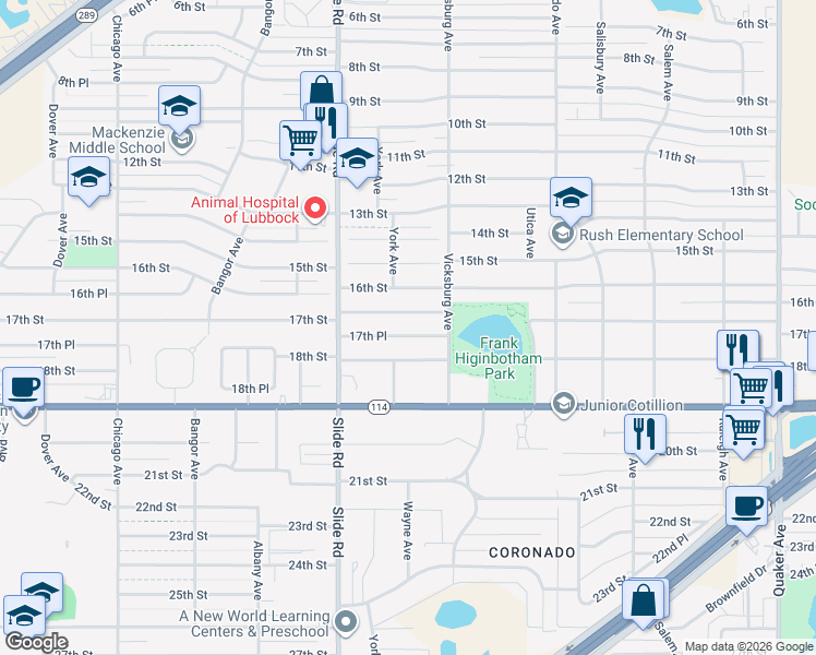 map of restaurants, bars, coffee shops, grocery stores, and more near 4908 17th Place in Lubbock
