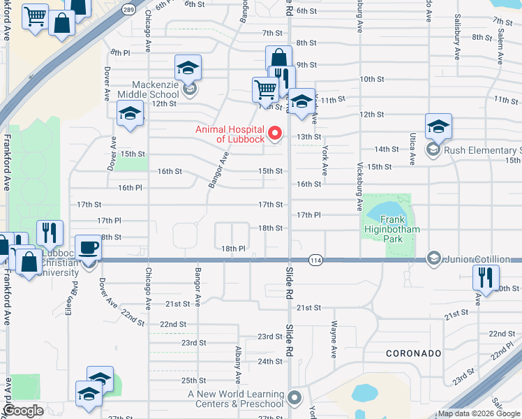 map of restaurants, bars, coffee shops, grocery stores, and more near in Lubbock